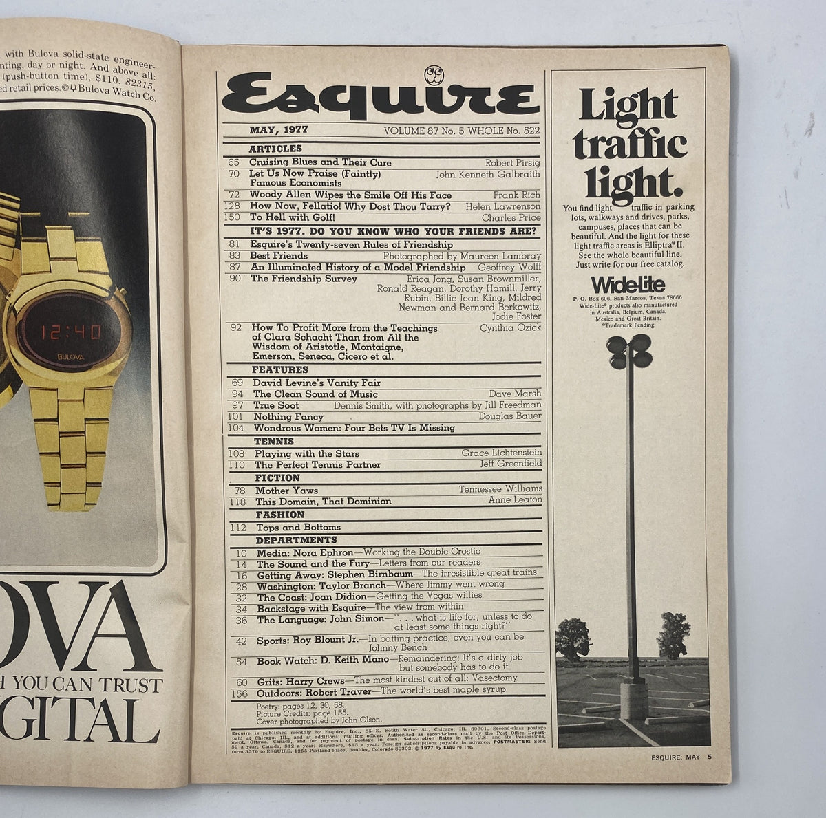 Inside page of Esquire Magazine May 1977 displaying the Table of Contents. Articles include topics on friendship, economics, and Woody Allen's mid-life crisis.