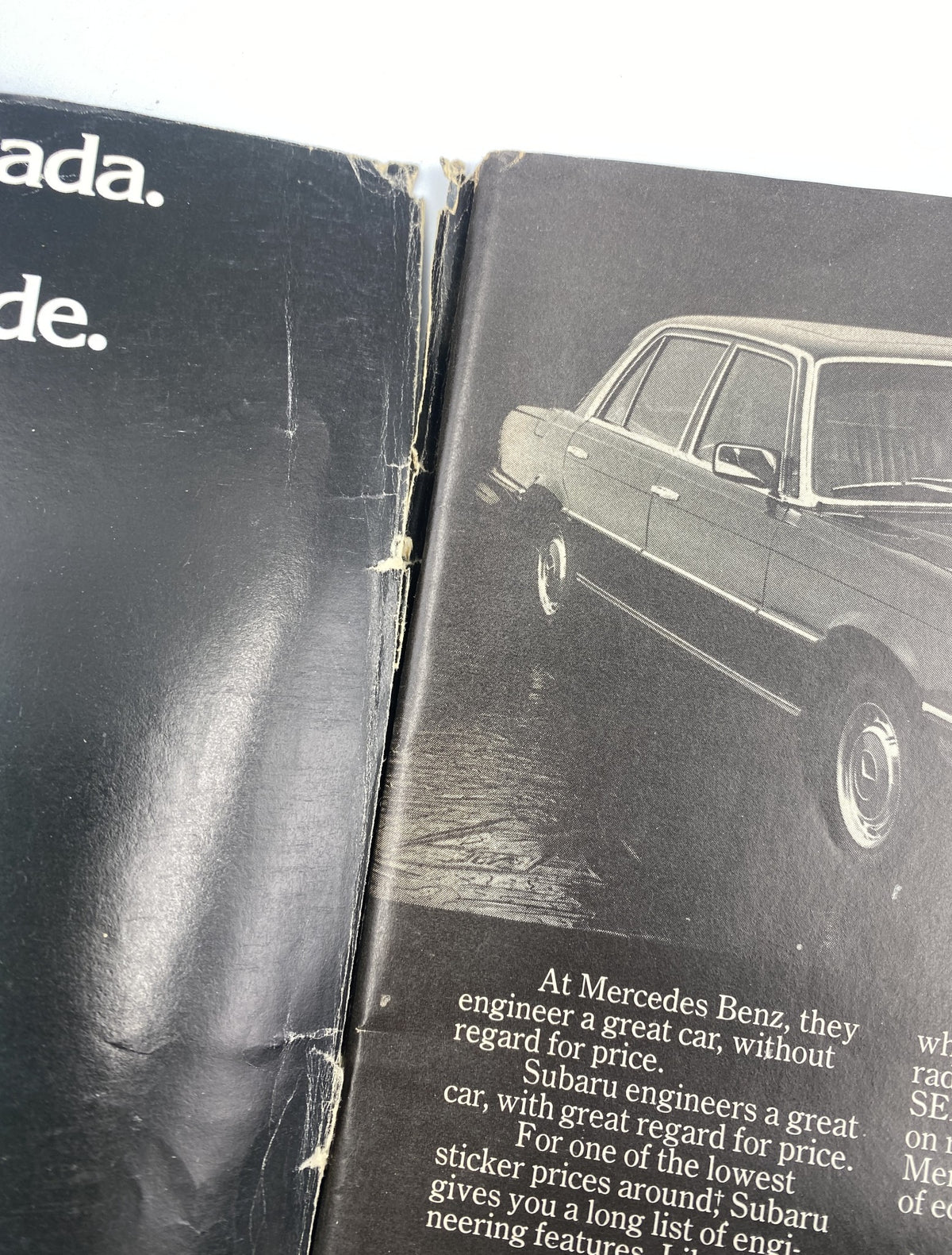 Esquire Fortnightly Magazine March 1, 1978 The Last Angry Men Nixon - Inside cover showing a close-up of a car advertisement, highlighting the differences between Mercedes Benz and Subaru, indicative of the automobile culture in the late 1970s.