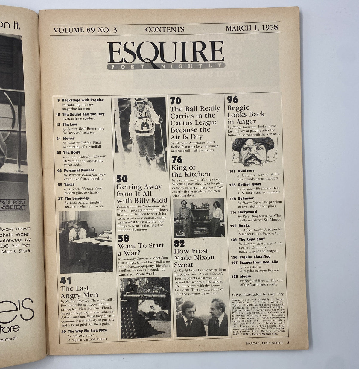 Esquire Fortnightly Magazine March 1, 1978 The Last Angry Men Nixon - Table of contents listing various articles including 'The Last Angry Men' and 'How Frost Made Nixon Sweat', showcasing the magazine's diverse topics for the month.
