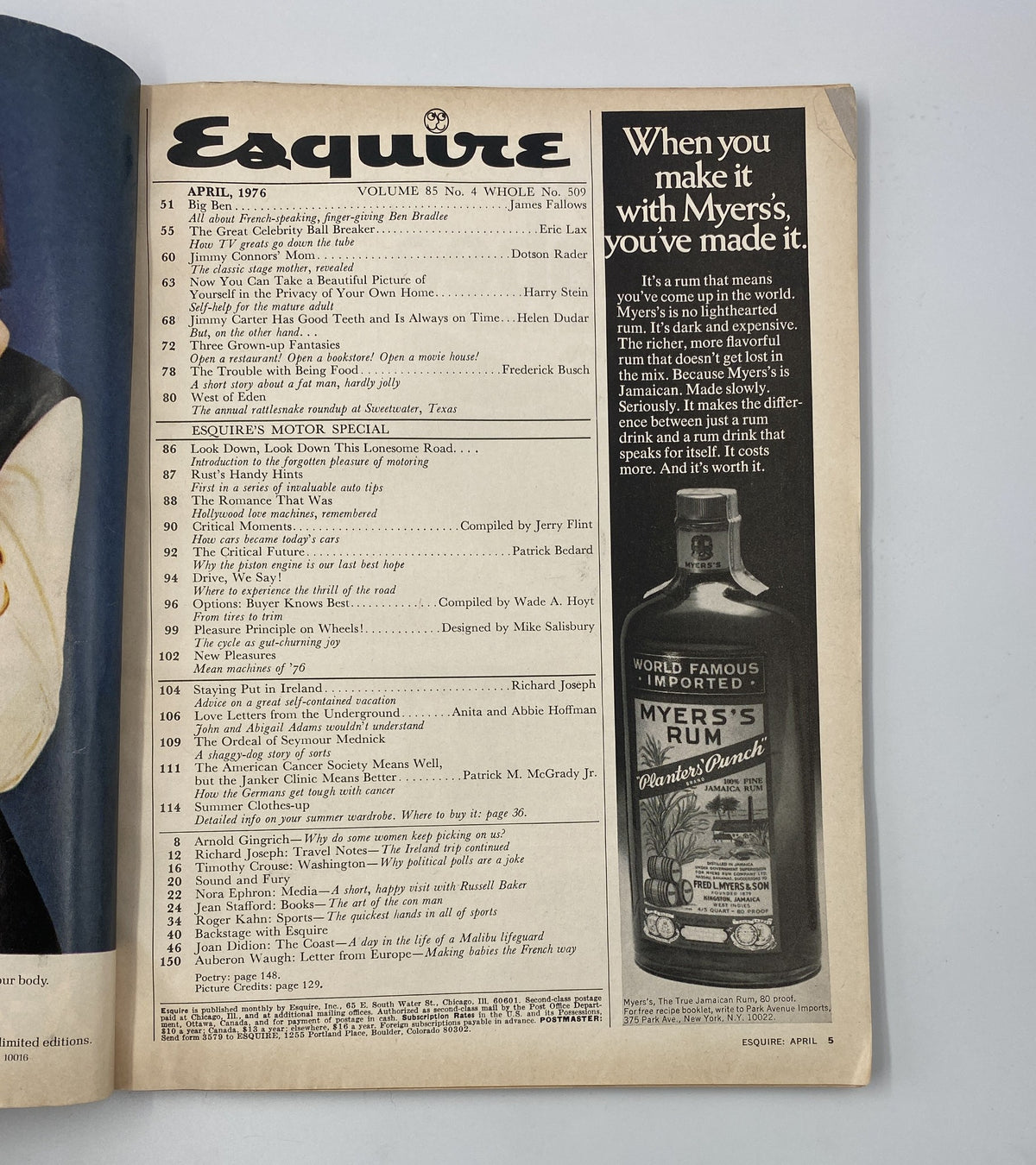 Inside page of Esquire Magazine April 1976, displaying the Table of Contents with notable articles including insights on Jimmy Connors and motor special features. This page provides a glimpse into magazine features and articles for the month.