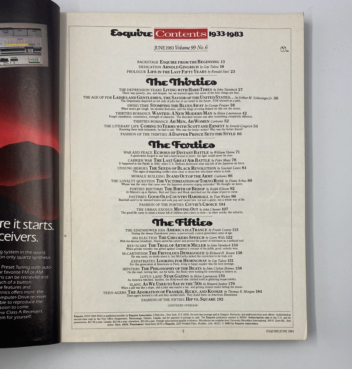 Esquire Magazine June 1983 How We Lived 1933–1983 50th Anniversary Issue table of contents, listing featured articles from the 50-year chronicle of American life.