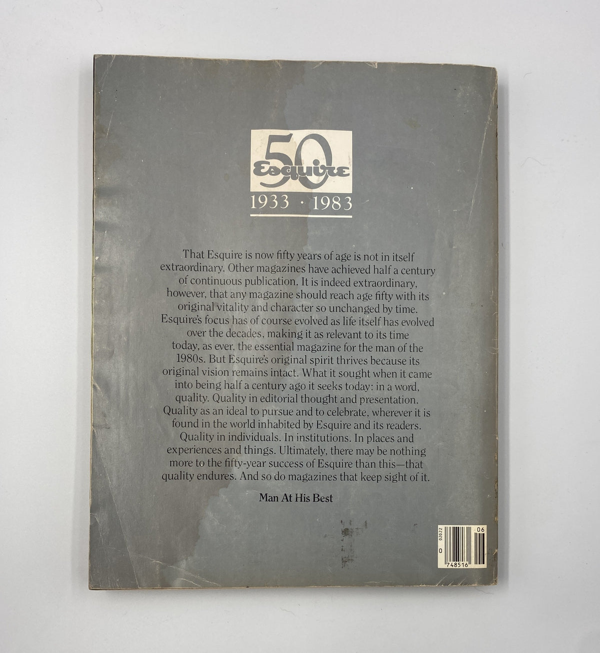 Back cover of Esquire Magazine June 1983 How We Lived 1933–1983 50th Anniversary Issue, featuring a brief statement about the magazine's legacy and quality.