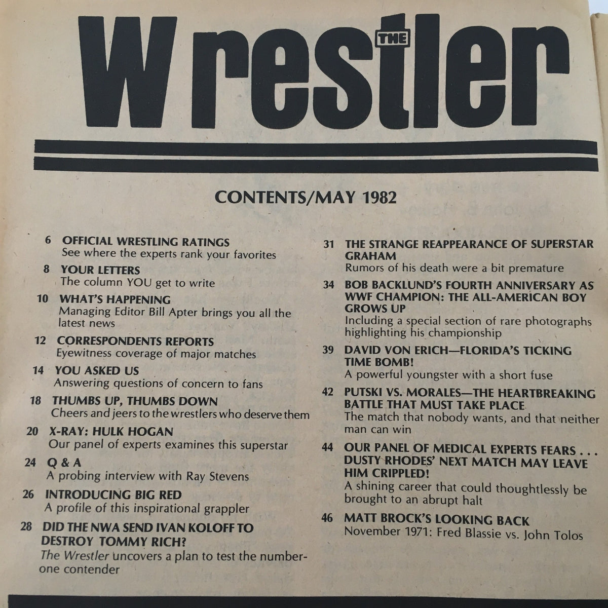 Contents page of The Wrestler Magazine May 1982 featuring articles about wrestling ratings, including notable names such as Bob Backlund, and a special section on Hulk Hogan.