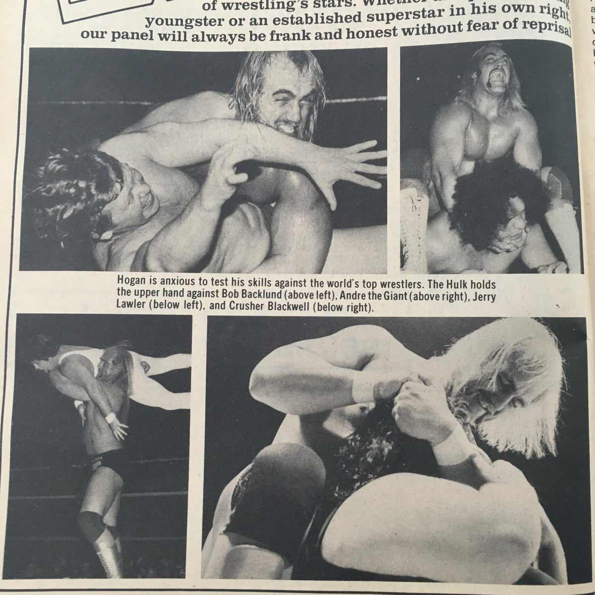 Action shots of wrestling legends Hulk Hogan, Bob Backlund, and others in dynamic wrestling poses from The Wrestler Magazine May 1982.