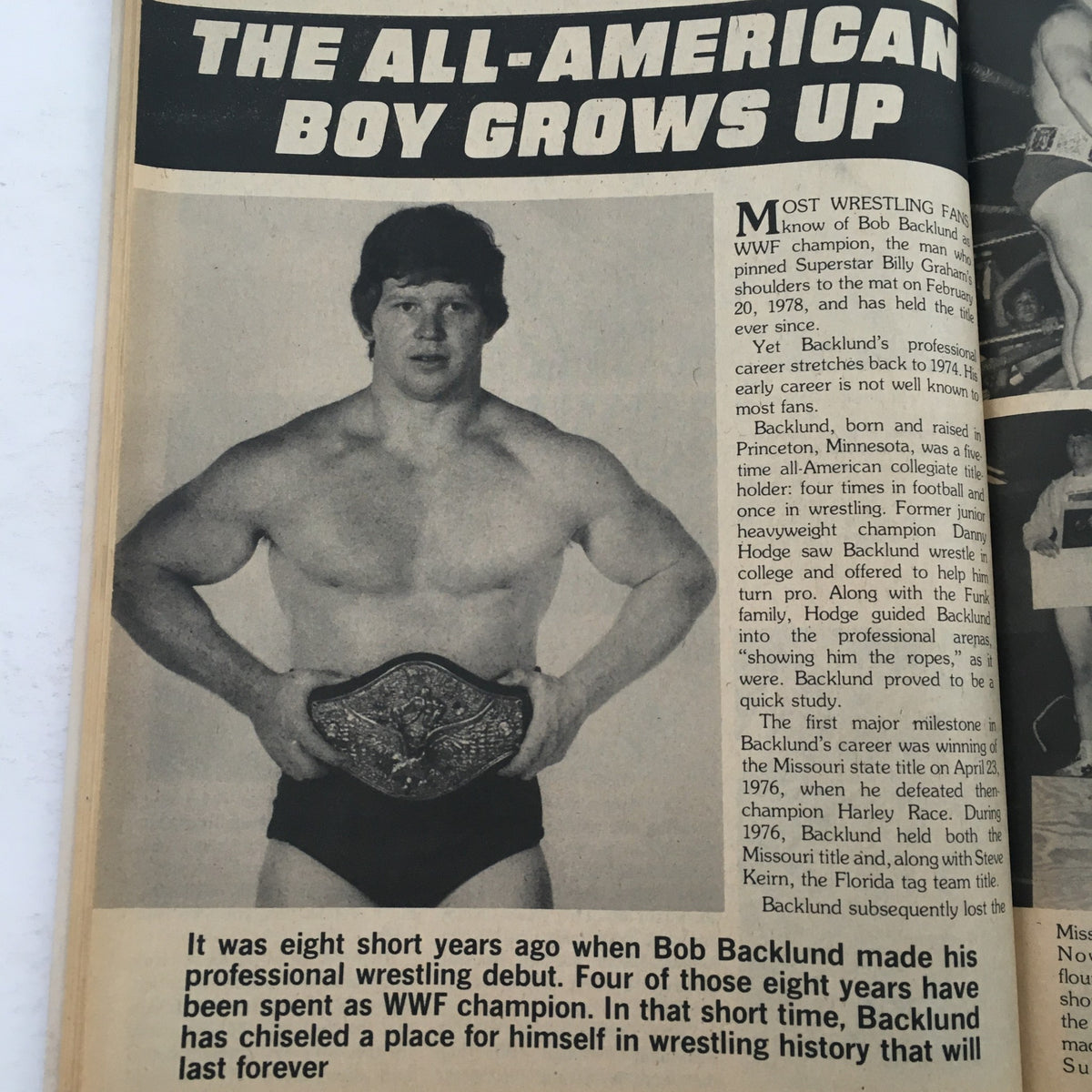 The Wrestler Magazine May 1982 cover featuring WWF Champion Bob Backlund, showcasing his wrestling title and highlighting the article 'The All-American Boy Grows Up' with insights into Backlund's early career.