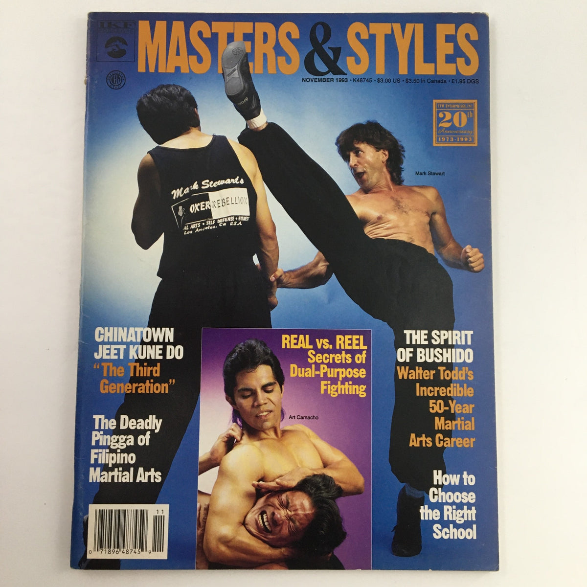 Masters & Styles Magazine November 1993 cover showcasing martial arts themes, including Jeet Kune Do and combat techniques by Mark Stewart and Art Camacho.
