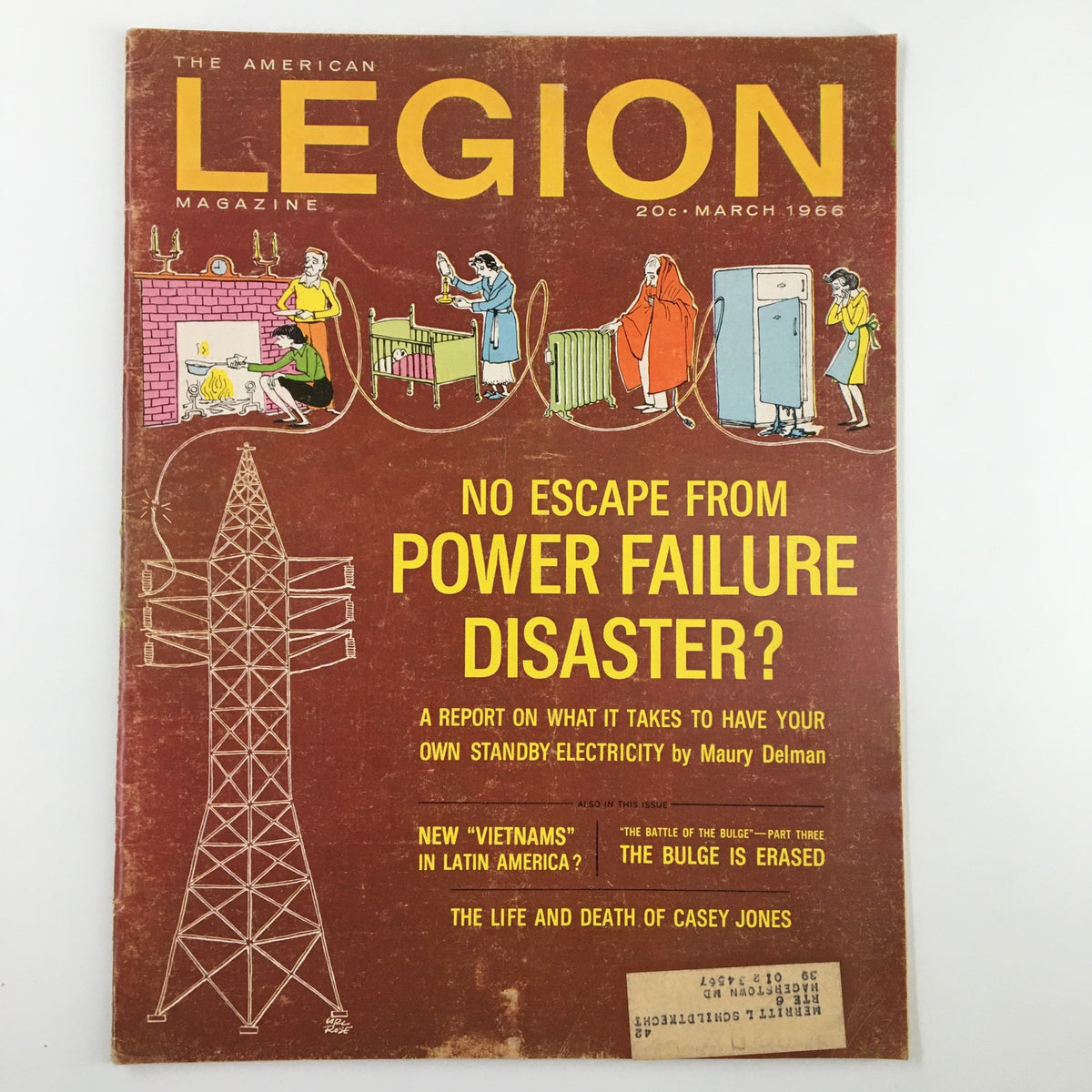 Cover of The American Legion Magazine March 1966 featuring the article title 'No Escape From Power Failure Disaster?'. Illustrations depict challenges of power outages with a visual summary of content.