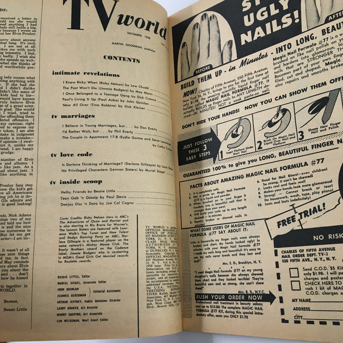 Inside page of VTG TV World Magazine December 1958 featuring contents list and advertisements related to television, including articles on Ricky Nelson and Darlene Gillespie.