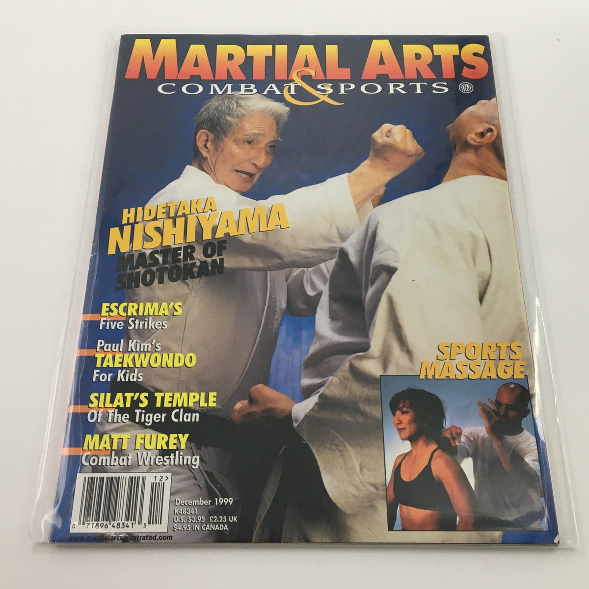 Martial Arts Combat Sports Magazine December 1999 cover featuring Hidetaka Nishiyama, Master of Shotokan, showcasing martial arts techniques and sports massage articles.