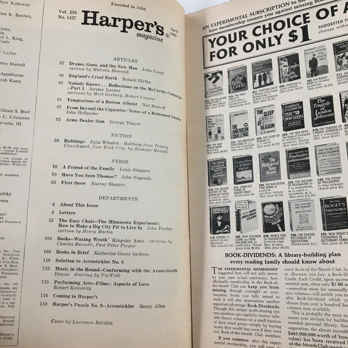 Interior page of VTG Harper's Magazine April 1969 featuring articles including 'Drums, Guns, and The New Man' and various listings, showcasing the vintage magazine's cultural significance and historical context.