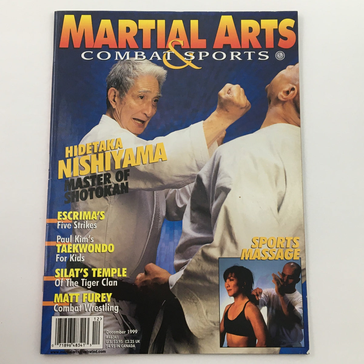 Martial Arts Combat Sports Magazine December 1999 cover highlighting Hidetaka Nishiyama, Master of Shotokan, with additional features on escrima, taekwondo for kids, and combat wrestling.