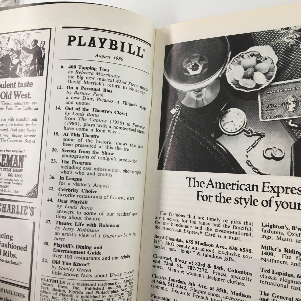 Interior page of the 1980 Playbill from Barnum highlighting various theatrical productions and advertisements, reflecting the rich landscape of Broadway in August 1980.