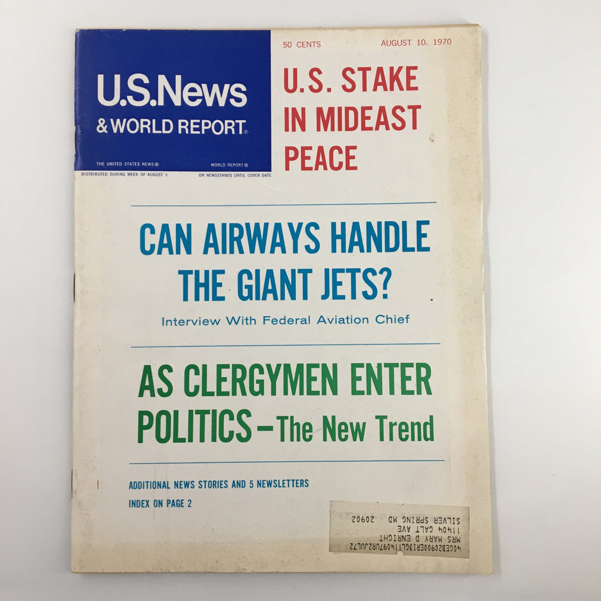 Cover of US News & World Report Magazine dated August 10, 1970, titled 'U.S. Stake in Mideast Peace', featuring articles on aviation and politics.