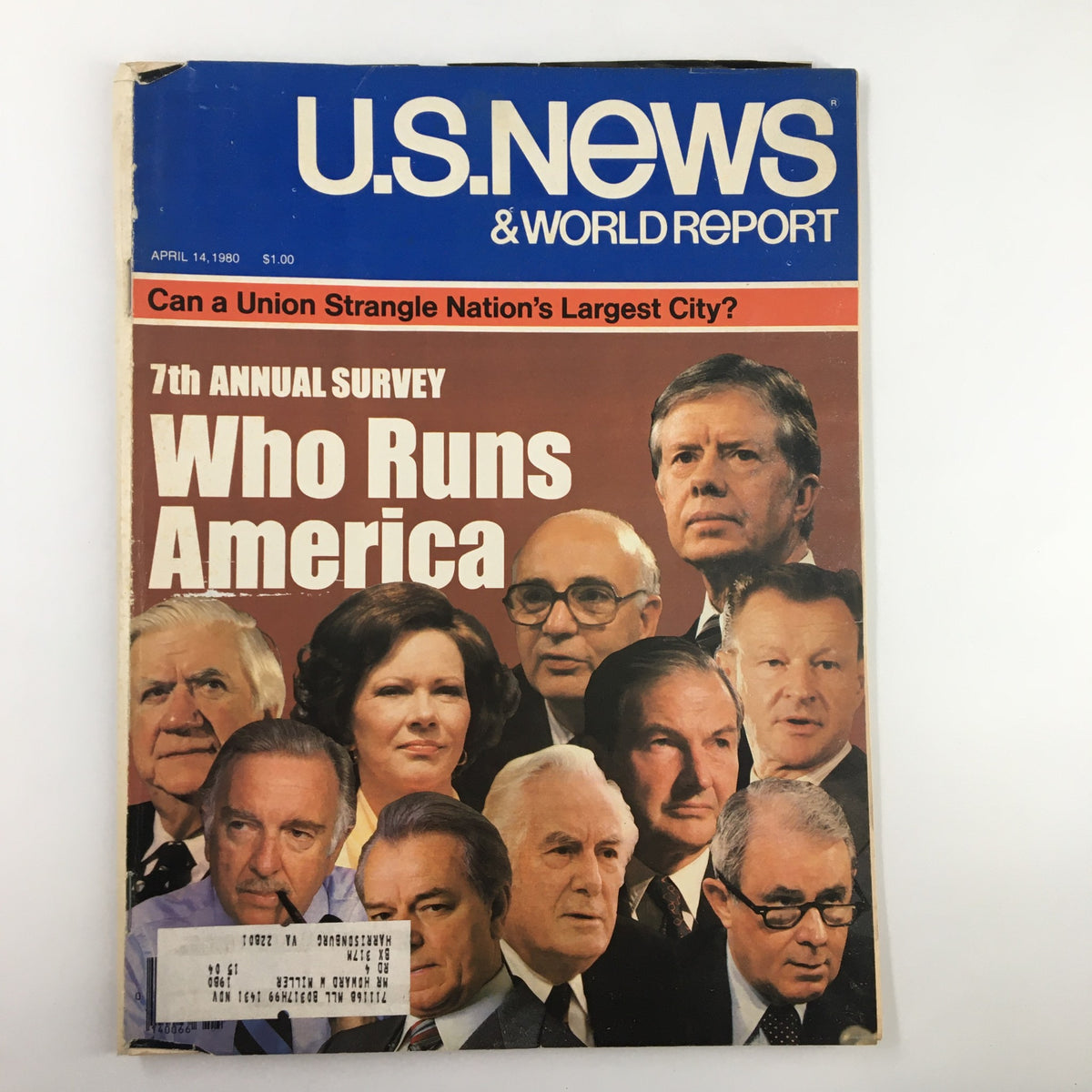 Cover of US News & World Report Magazine April 14 1980 featuring the cover story 'Who Runs America' alongside notable political figures including then-President Jimmy Carter. The magazine highlights the 7th Annual Survey and discusses significant political topics of the era.