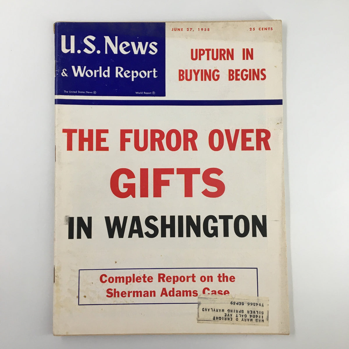 Cover of US News & World Report Magazine from June 27, 1958, featuring the headline 'The Furor Over Gifts in Washington' and a note about the Sherman Adams case. This vintage magazine provides historical insights into American politics and culture.