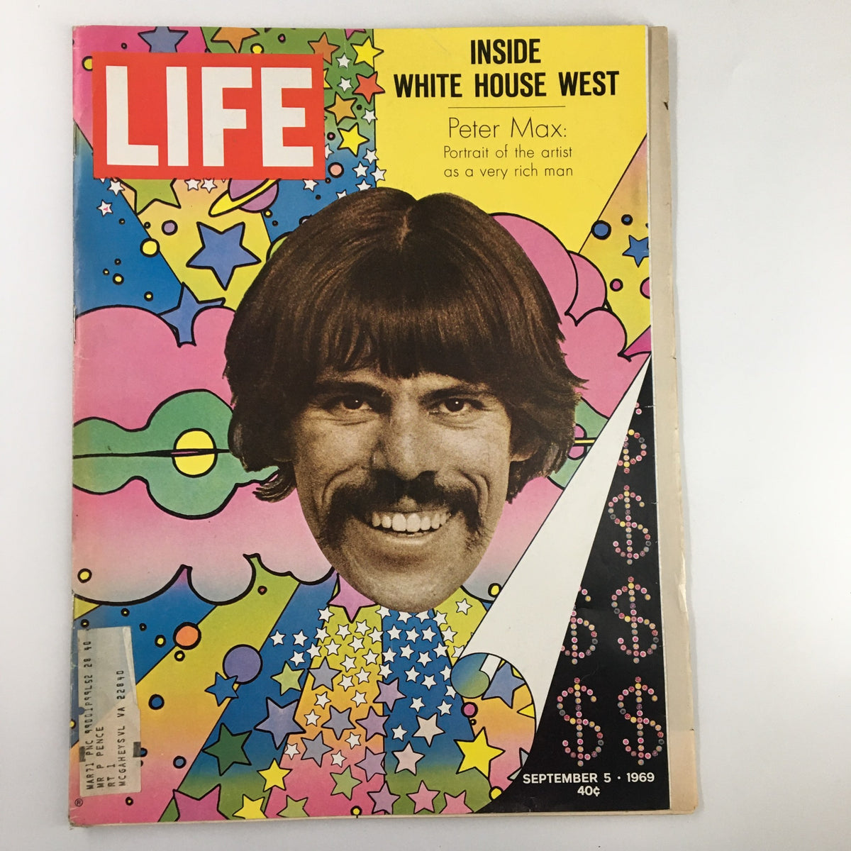 Cover of the VTG Life Magazine September 5 1969 featuring Peter Max artwork with colorful psychedelic designs and the headline 'Inside White House West'.