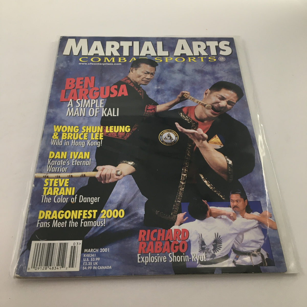 Martial Arts Combat Sports Magazine March 2001 featuring Ben Largusa as a Simple Man of Kali on the cover, showcasing various martial arts figures and articles.