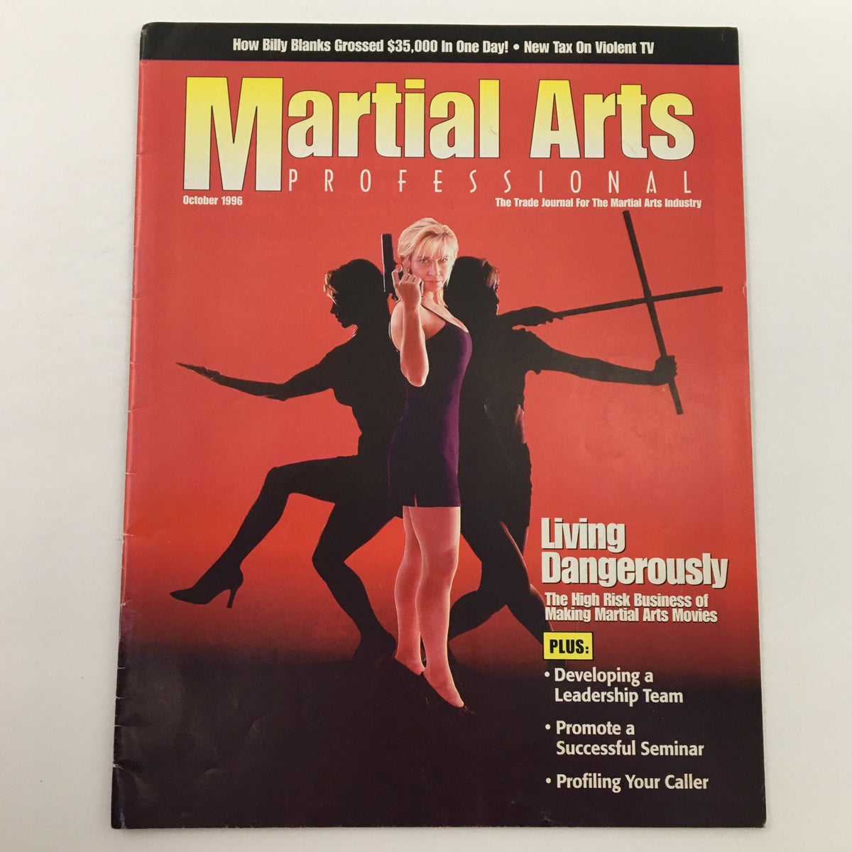 Cover of Martial Arts Professional Magazine, October 1996 featuring a stylized image of a female martial artist on the front. The magazine highlights articles including 'Living Dangerously' and covers topics like leadership and seminar promotion.