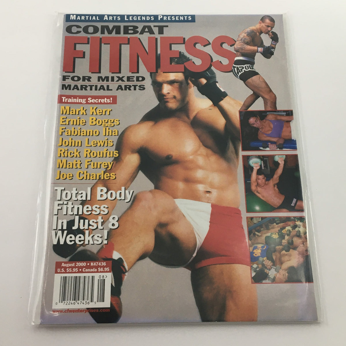 Cover of Combat Fitness MMA Magazine August 2000 featuring Mark Kerr and Ernie Boggs, highlighting total body fitness for mixed martial arts.