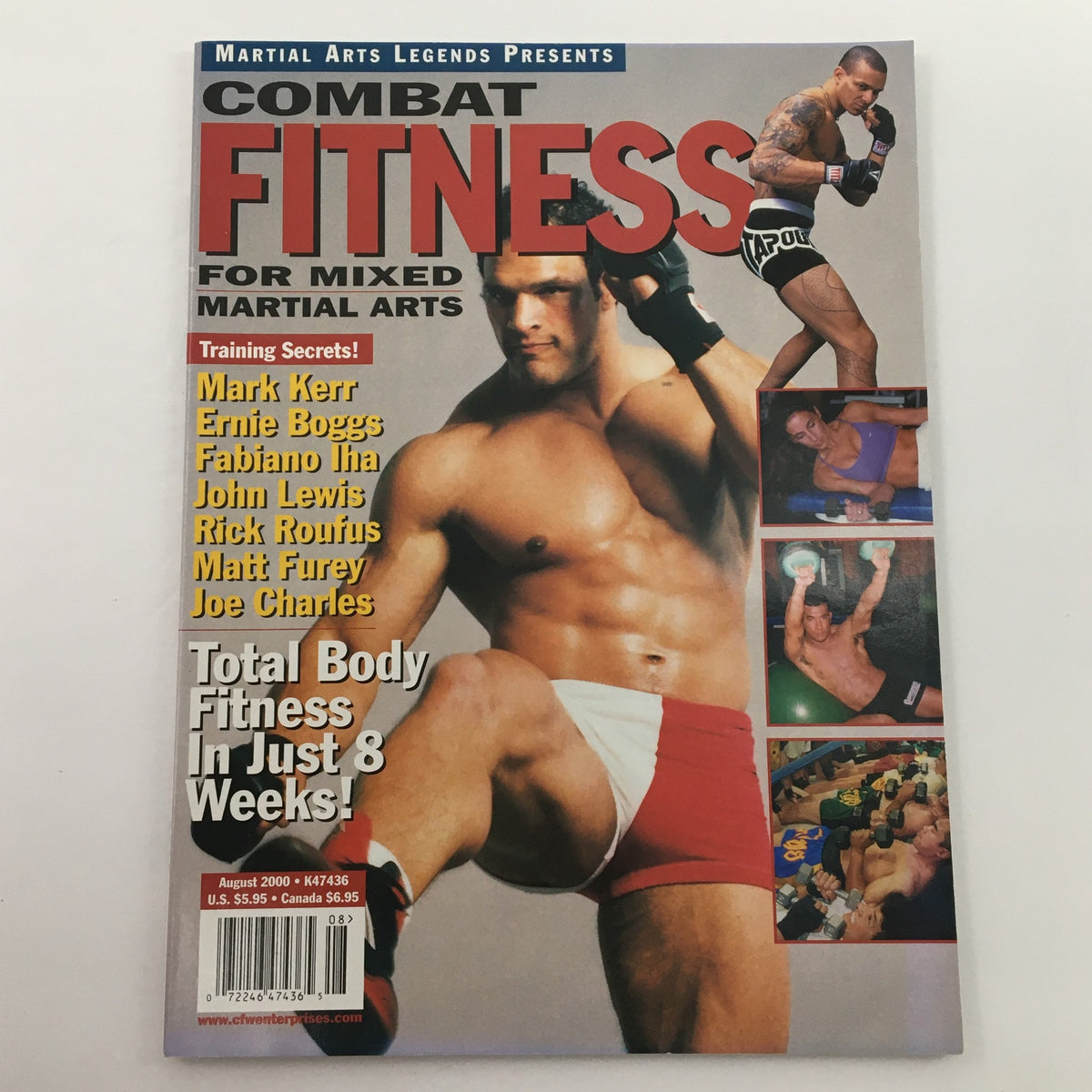Front cover of Combat Fitness MMA Magazine August 2000 showcasing Mark Kerr and Ernie Boggs, focusing on training secrets for mixed martial arts.