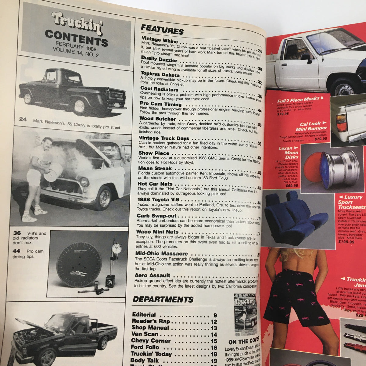 Contents page of February 1988 Truckin' Magazine showcasing features including vintage vehicles, truck modifications, and tips for enthusiasts.