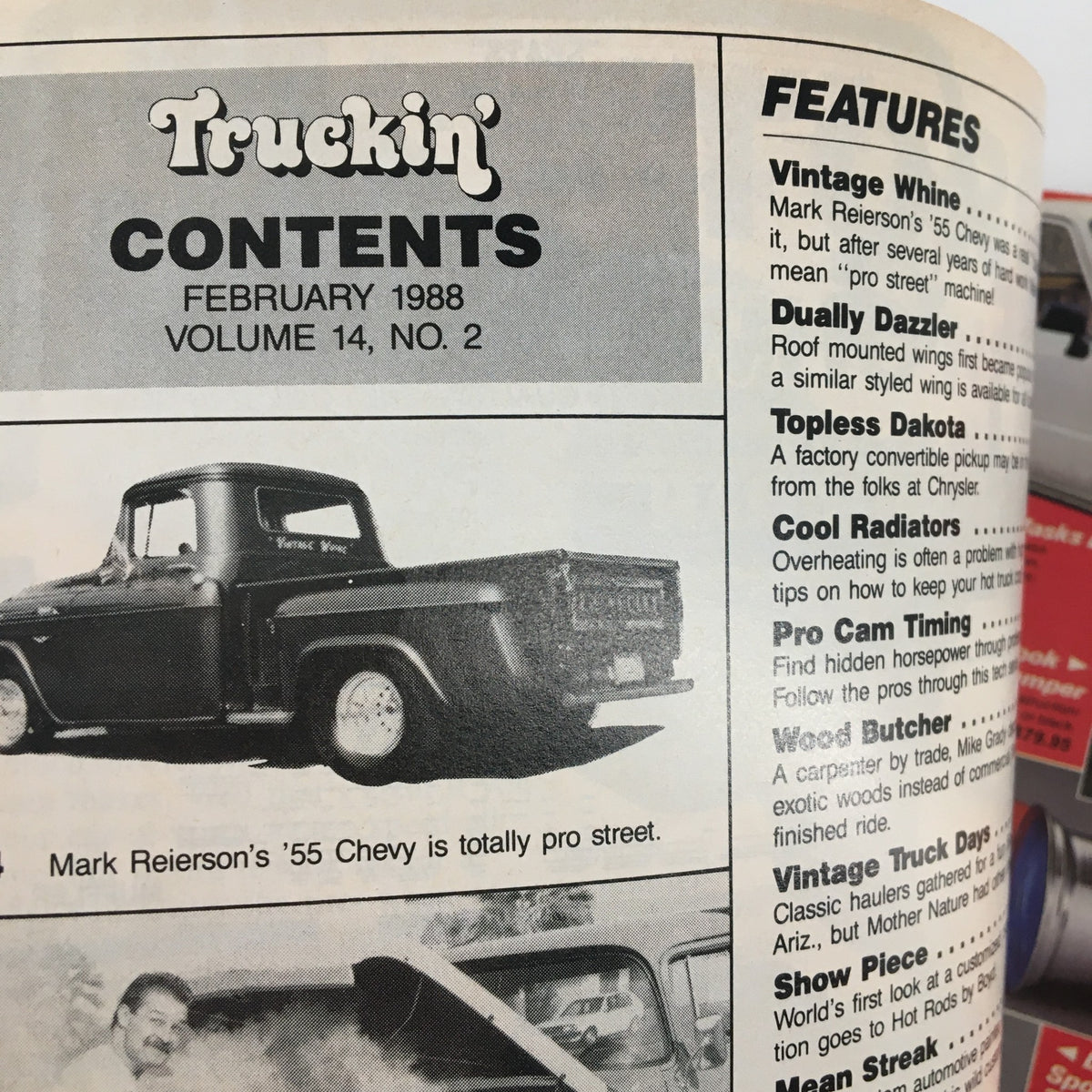 Close-up of the contents page from February 1988 Truckin' Magazine highlighting articles on classic trucks and customization advice for enthusiasts.