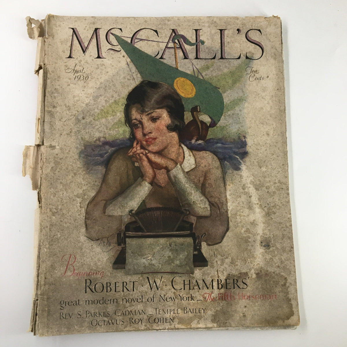 Cover of the vintage McCall's Magazine from April 1930 featuring the story 'The Fifth Horseman' by Robert W. Chambers, showcasing a woman and a typewriter, reflecting 1930s design and culture.