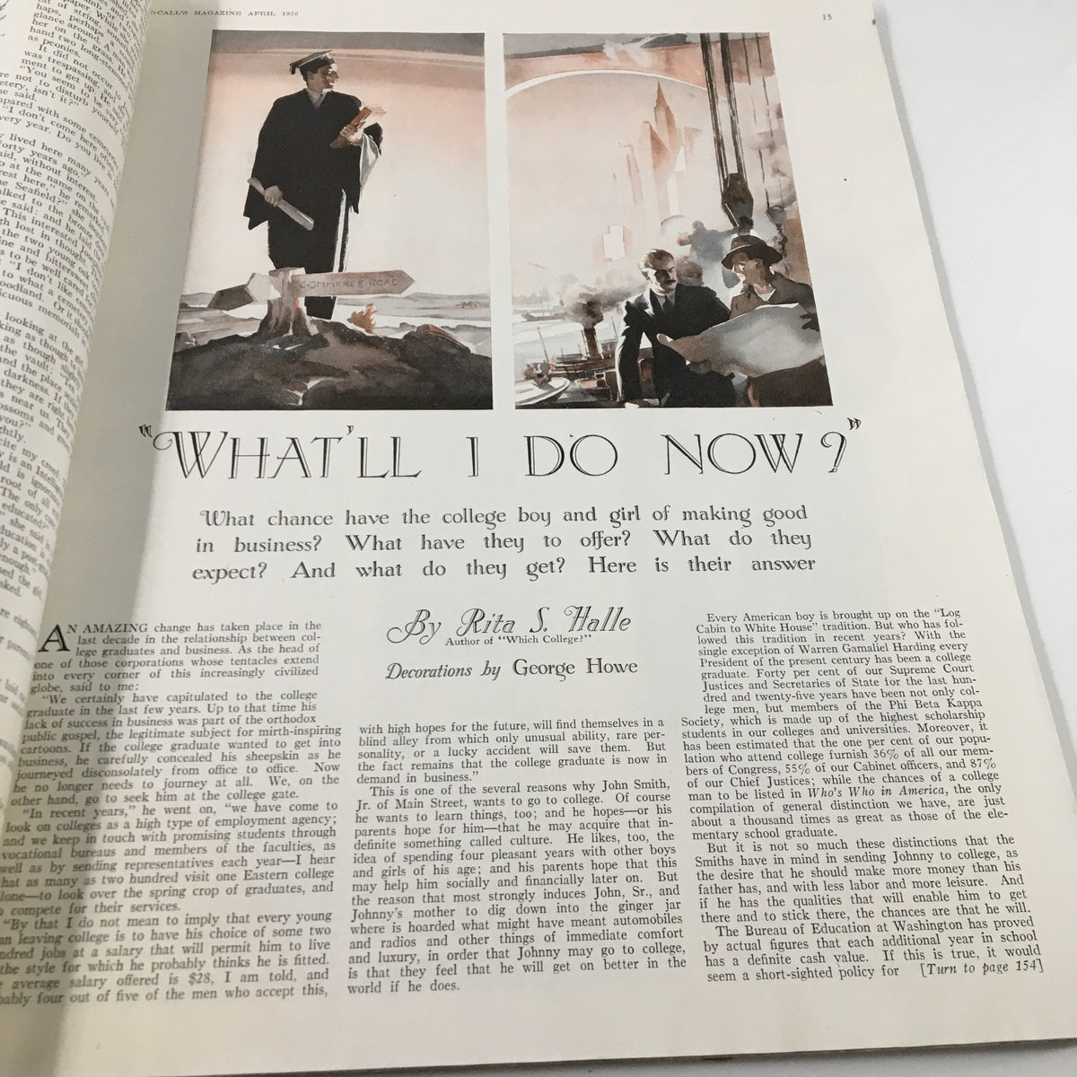 VTG McCall's Magazine April 1930 featuring an article titled "What'll I Do Now?" by Rita S. Halle, showcasing a graduating college student and a couple discussing business opportunities.