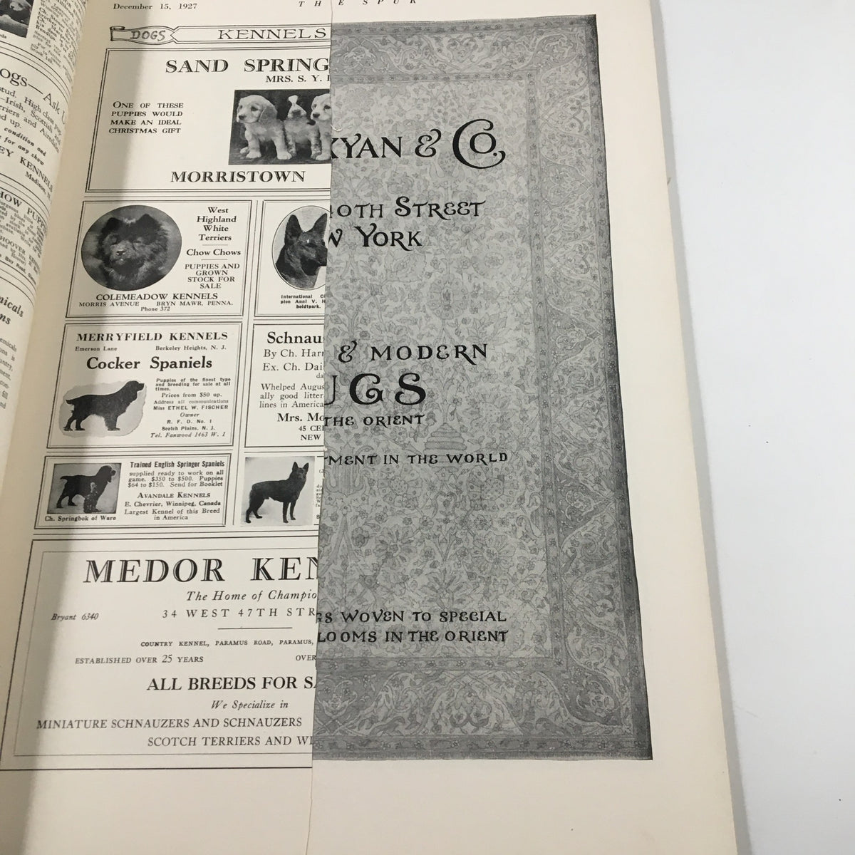 Interior page of VTG The Spur Magazine December 13 1927 featuring an advertisement for Ryan & Co. with listings for fine rugs and other decorative items.