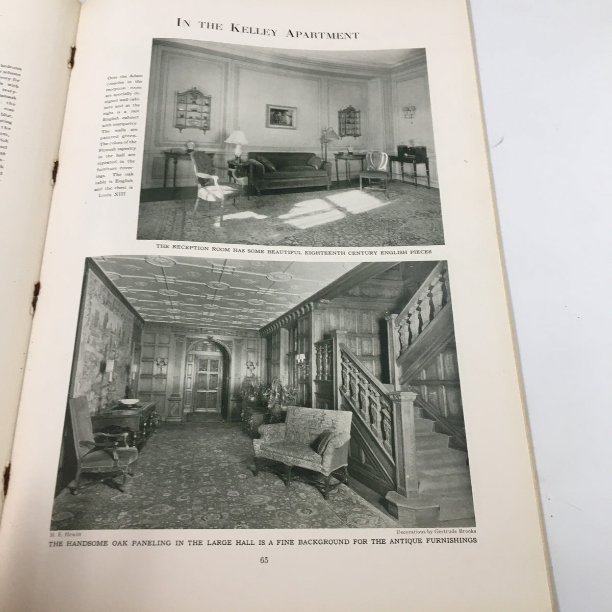 Photographs of the interior layout in the Kelley Apartment as seen in VTG The Spur Magazine December 13, 1927, highlighting sophisticated design and antique furnishings.
