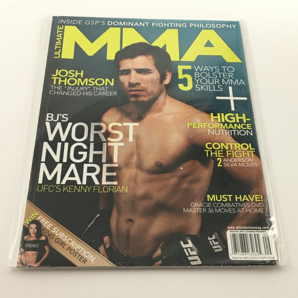Cover of Ultimate MMA Magazine September 2009 featuring Josh Thompson's 'The Injury', highlighting MMA skills and fighters.