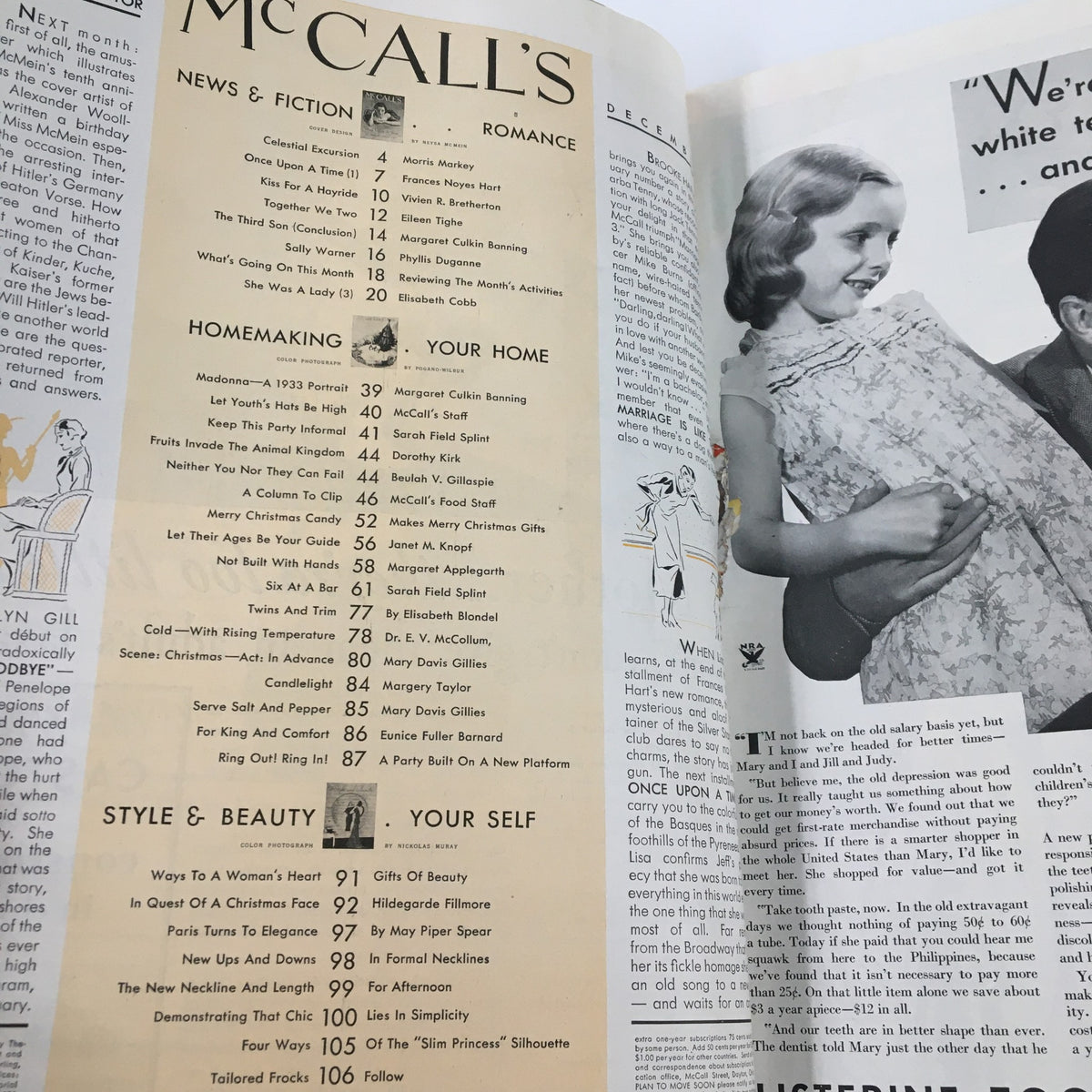 Interior page of VTG McCall's Magazine December 1933 showing the contents section, featuring stories including 'Once Upon A Time' by Frances N. Hart.