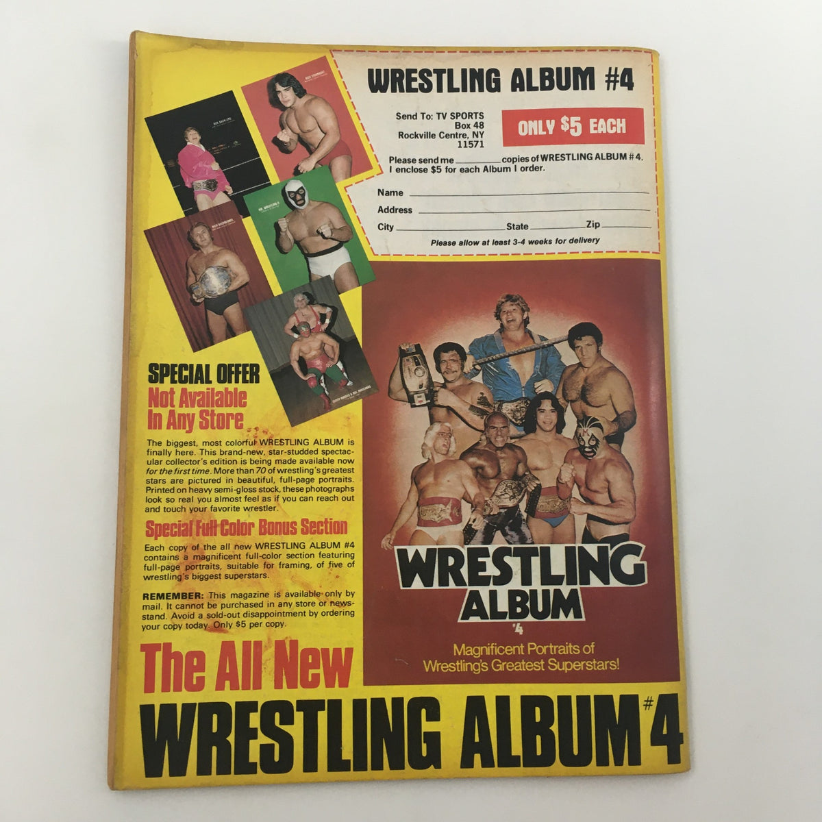 Back cover of Pro Wrestling Illustrated Magazine January 1981 showcasing an advertisement for Wrestling Album #4, featuring images of wrestling superstars.