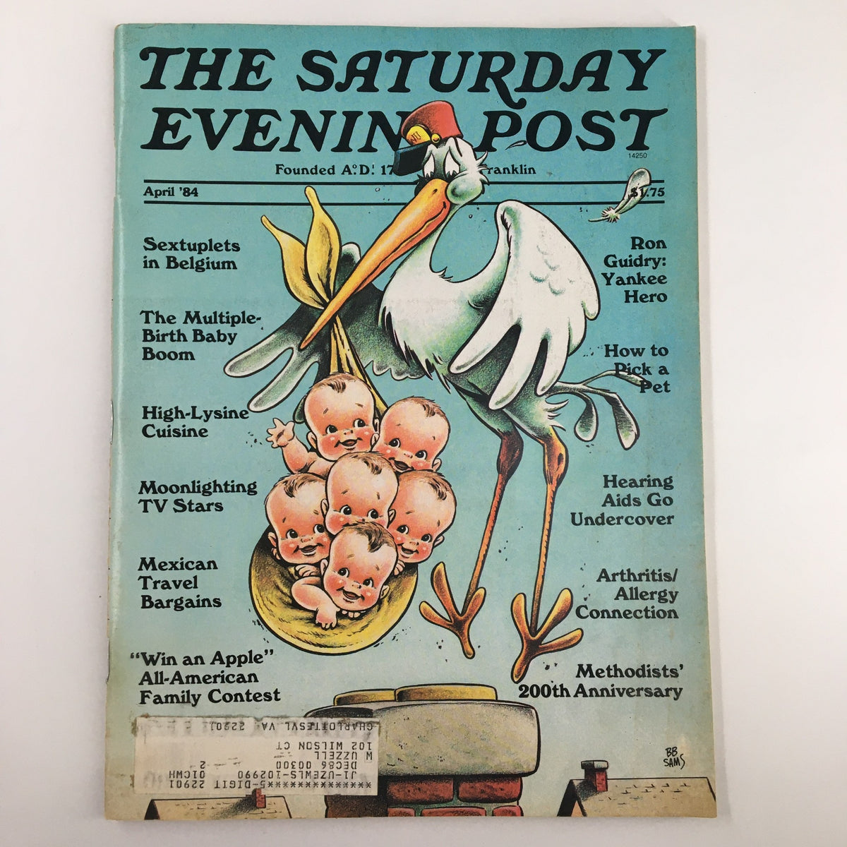 Cover of The Saturday Evening Post, April 1984, featuring a stork carrying sextuplets, symbolizing the Multiple Birth Baby Boom. The vintage magazine highlights various articles including family dynamics and societal reactions to large families.