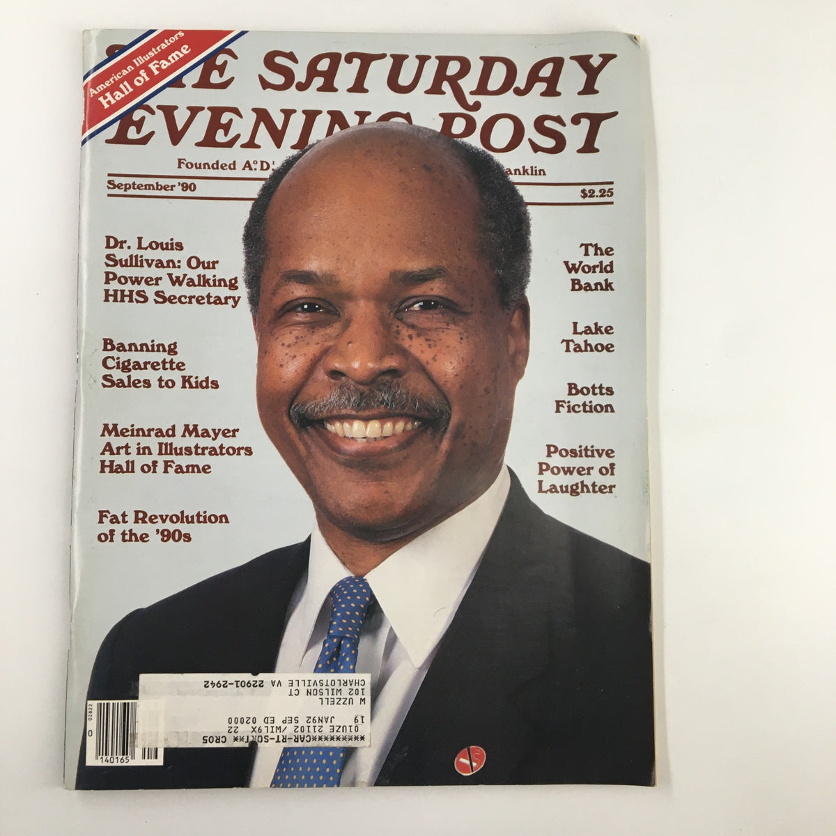 Cover of The Saturday Evening Post September 1990, featuring Dr. Louis Sullivan, the HHS Secretary. The magazine highlights key health policy issues of the era and includes details such as 'Banning Cigarette Sales to Kids' and 'Fat Revolution of the '90s'.