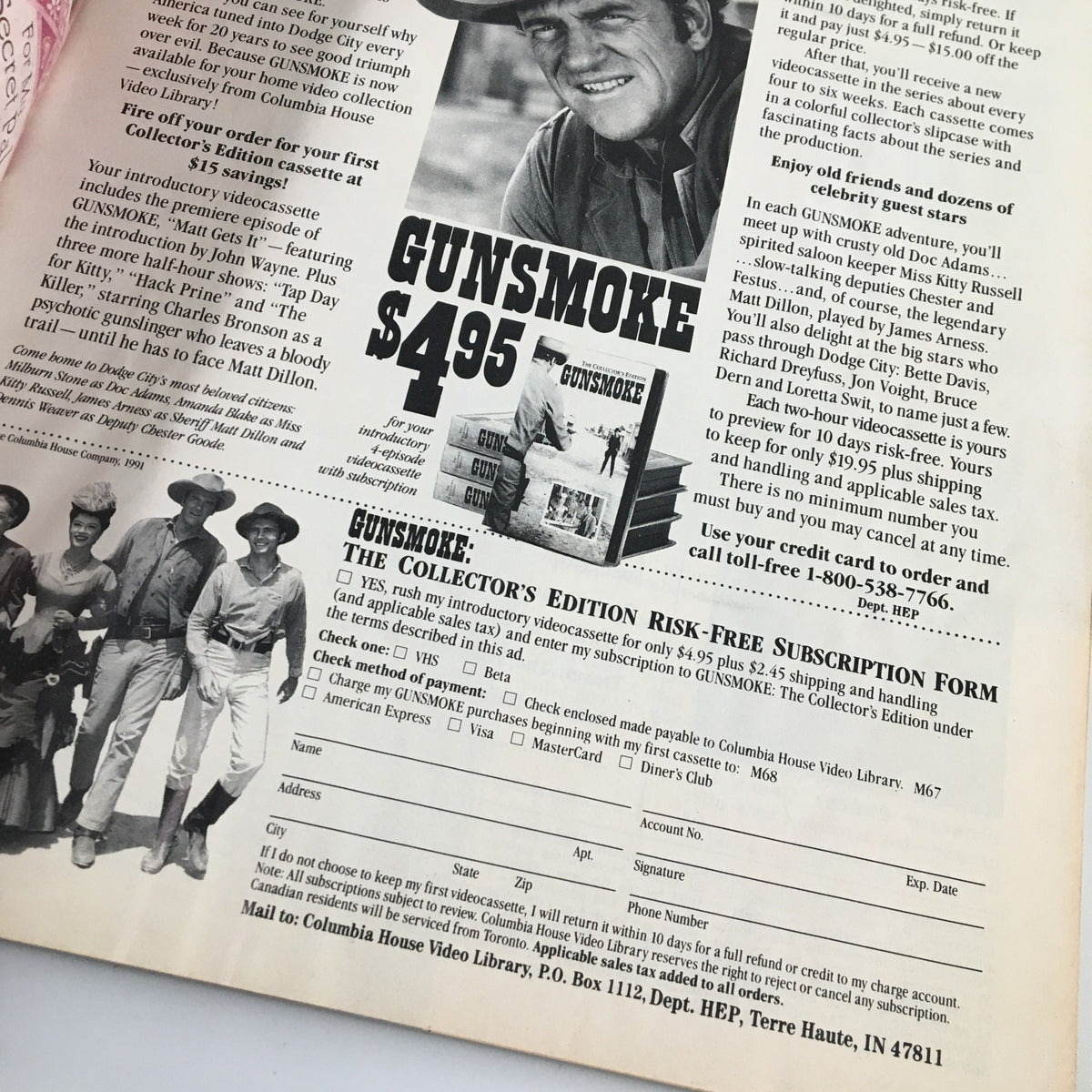 Interior page of The Saturday Evening Post January 1992 displaying an advertisement for 'Gunsmoke', providing a glimpse into vintage magazines from the early 90s.