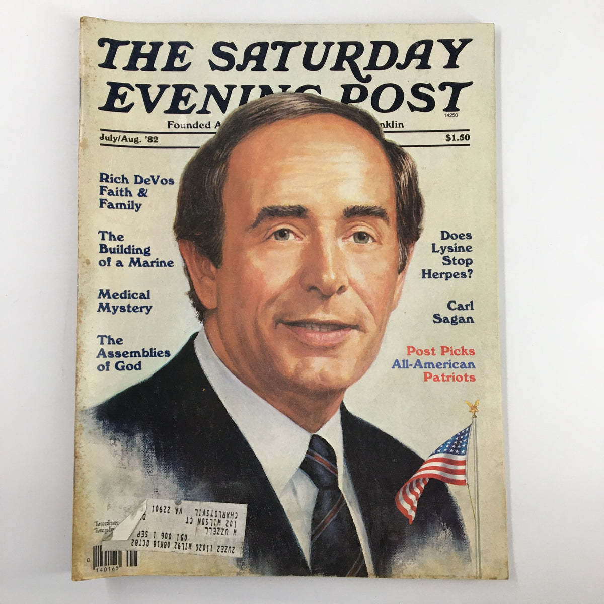 Cover of The Saturday Evening Post July 1982 featuring Rich DeVos with articles on faith and family, and Carl Sagan. Includes headlines about medical mysteries and American patriotism.