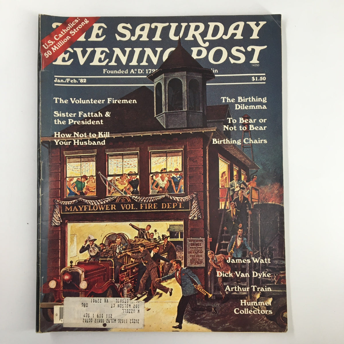The Saturday Evening Post January 1982 cover featuring the article 'Sister Fattah and The President' with illustrations depicting a fire department scene and various characters, reflecting the cultural context of the early 1980s.