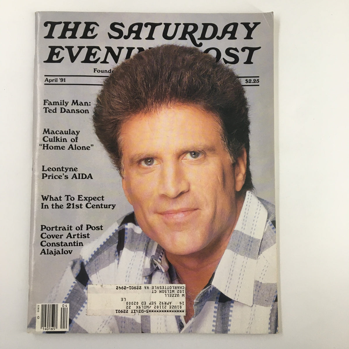 The Saturday Evening Post April 1991 magazine cover featuring Ted Danson as the Family Man and Macaulay Culkin from 'Home Alone'. This vintage magazine highlights nostalgic pop culture from the early 1990s.