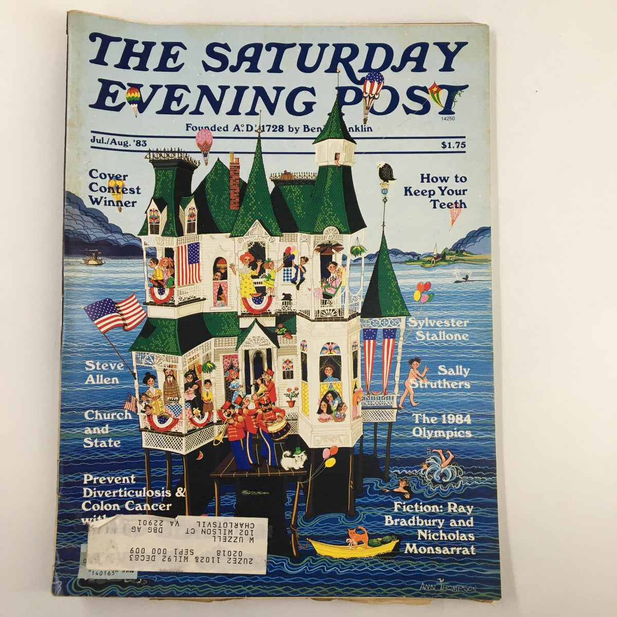 Cover of The Saturday Evening Post, July 1983, featuring an illustrated Victorian house with children and adults enjoying various activities, promoting articles on 'How to Keep Your Teeth' and discussions on 'Church and State'.