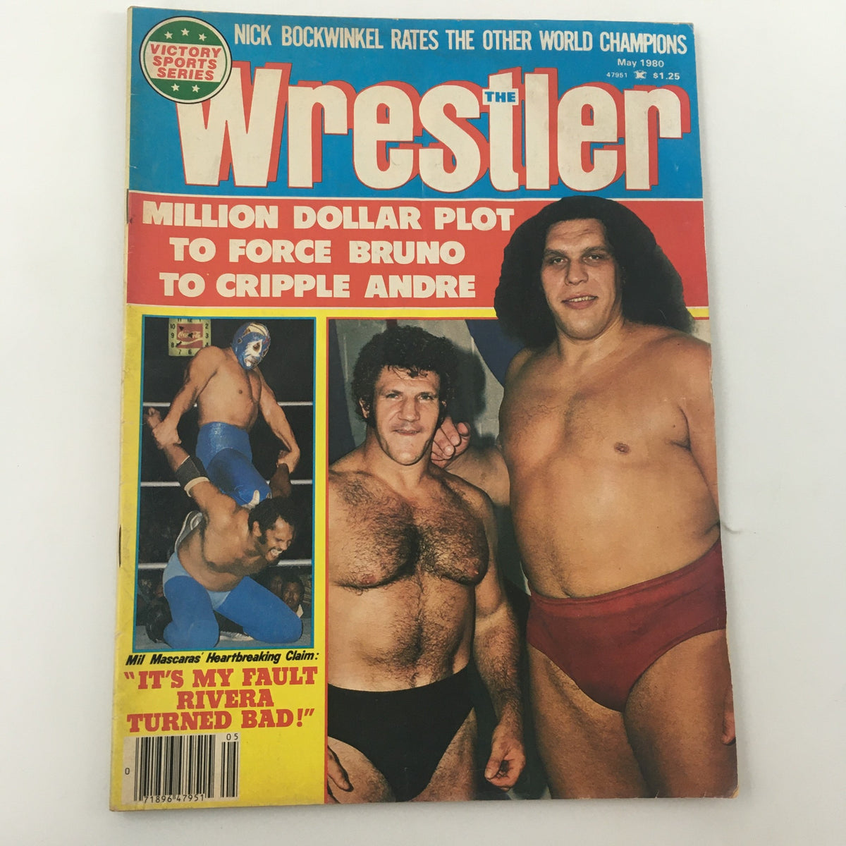The Wrestler Magazine May 1980 cover featuring Bruno Sammartino and Andre the Giant, with a headline about a plot to cripple Andre. The image showcases iconic wrestling personalities and highlights the dramatic rivalry from that era.