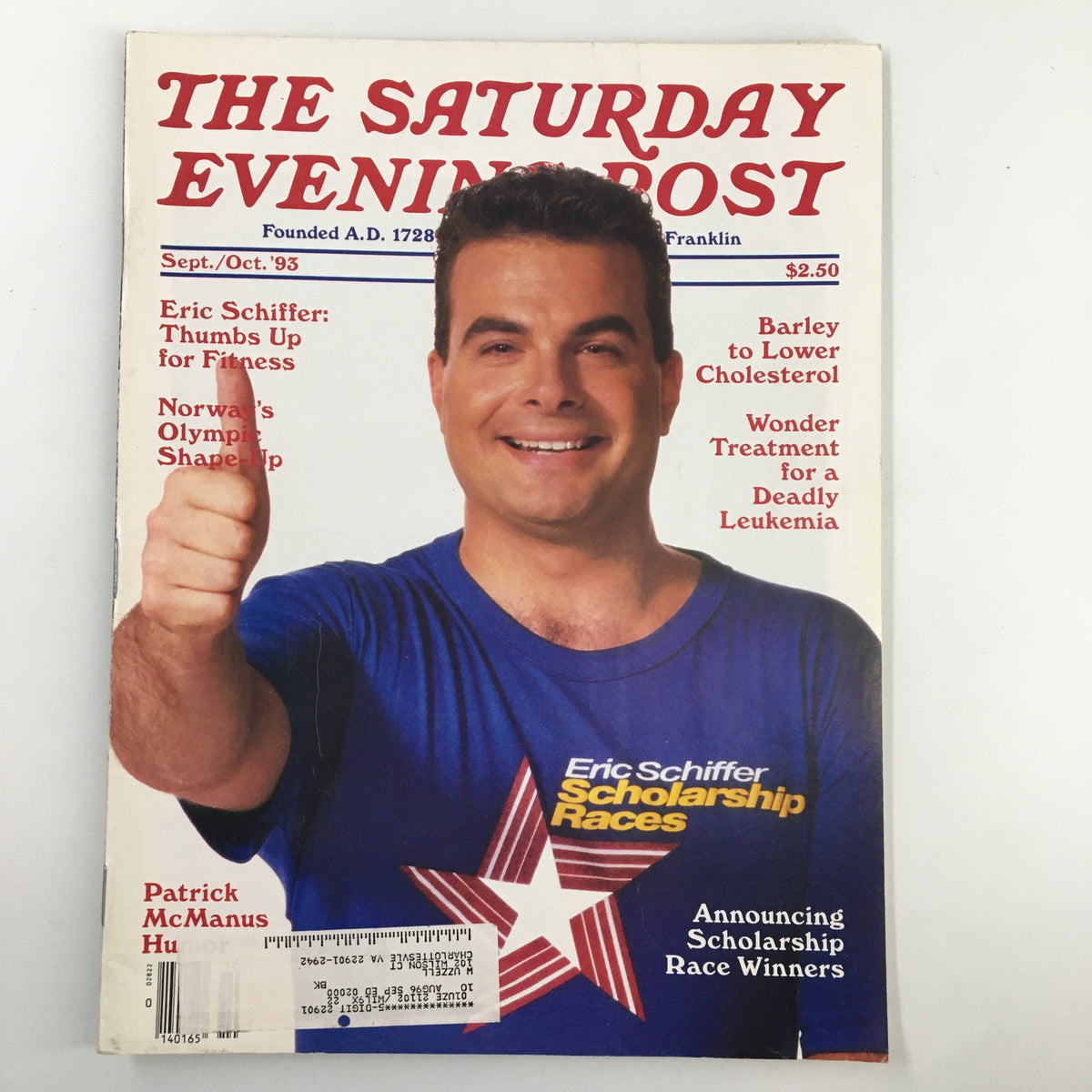 Cover of The Saturday Evening Post September 1993 featuring Eric Schiffer promoting fitness with a thumbs up, highlighting health and wellness trends of the early 90s.