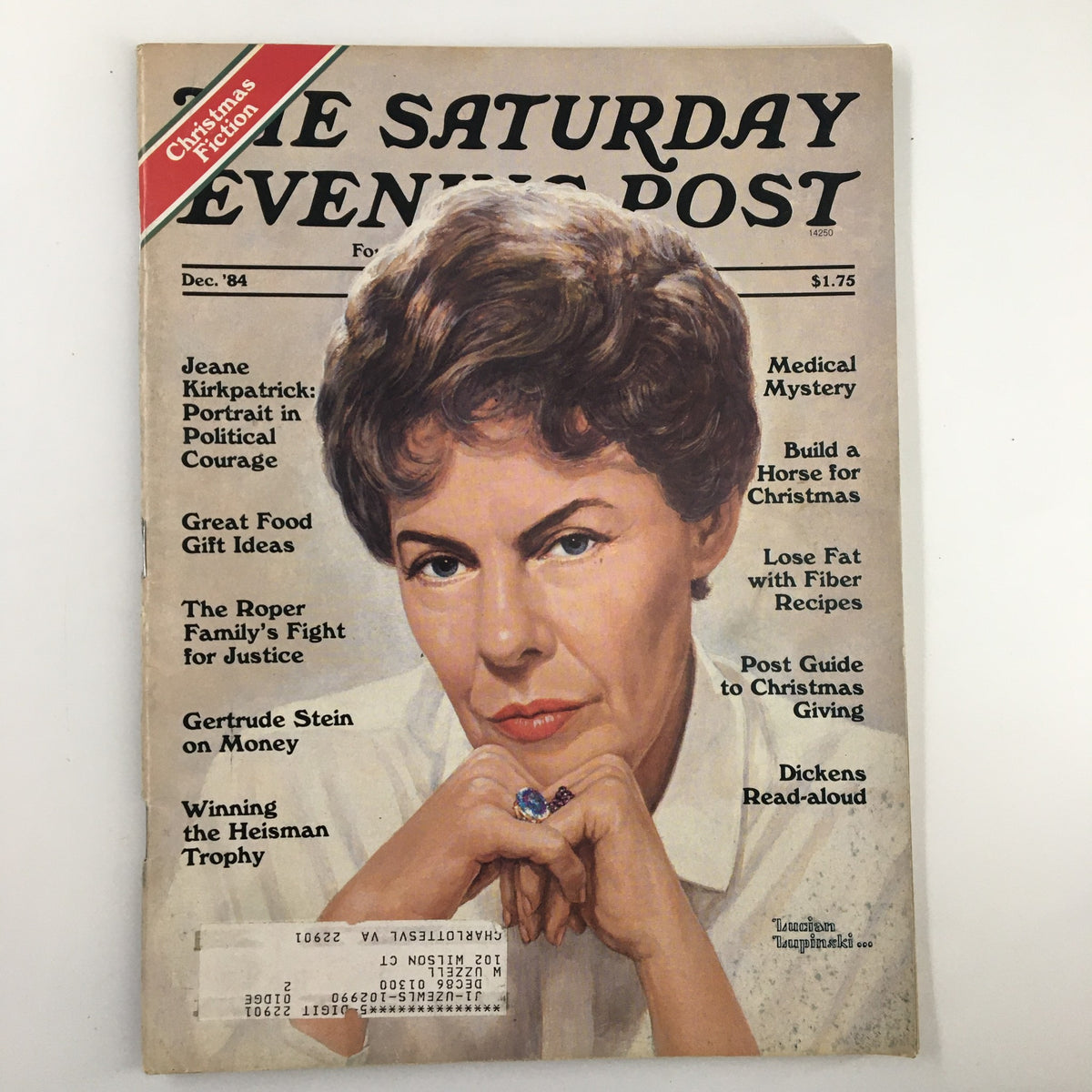 The Saturday Evening Post December 1984 cover featuring Jeane Kirkpatrick in Political Courage, showcasing her portrait and various articles related to Christmas, food ideas, and more.