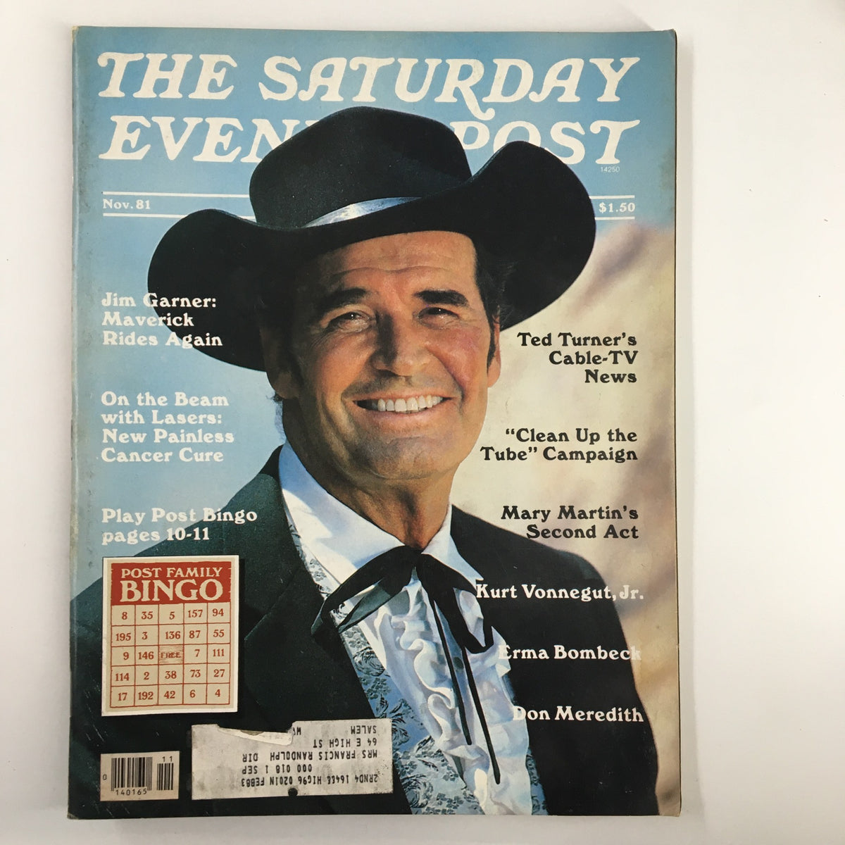 Cover of The Saturday Evening Post, November 1981 edition featuring Jim Garner in 'Maverick Rides Again', showcasing classic Americana from the early 80s with articles and stunning illustrations.