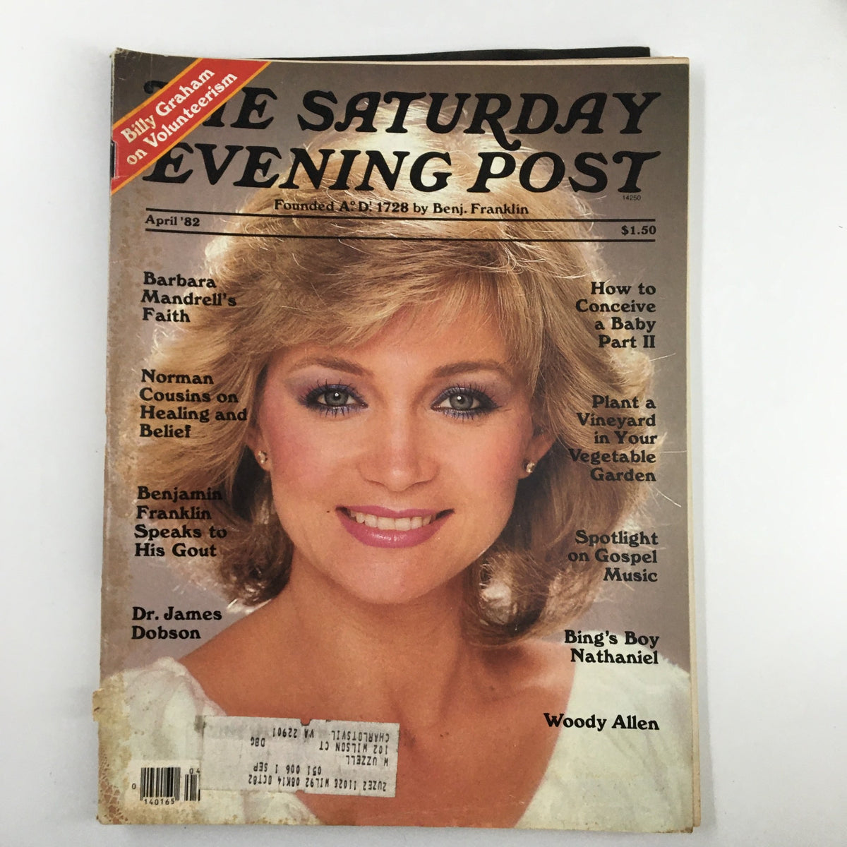 Cover of The Saturday Evening Post April 1982 featuring Barbara Mandrell with a focus on her faith, alongside mentions of Woody Allen and other notable articles. Ideal for vintage magazine collectors showcasing early 1980s Americana.