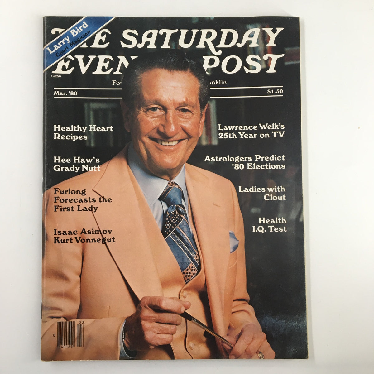 The Saturday Evening Post, March 1980 issue featuring Larry Bird as the 'Court Magician' on the cover. The magazine showcases a smiling man in a light-colored suit with a blue tie and is adorned with various headlines related to health, culture, and entertainment.
