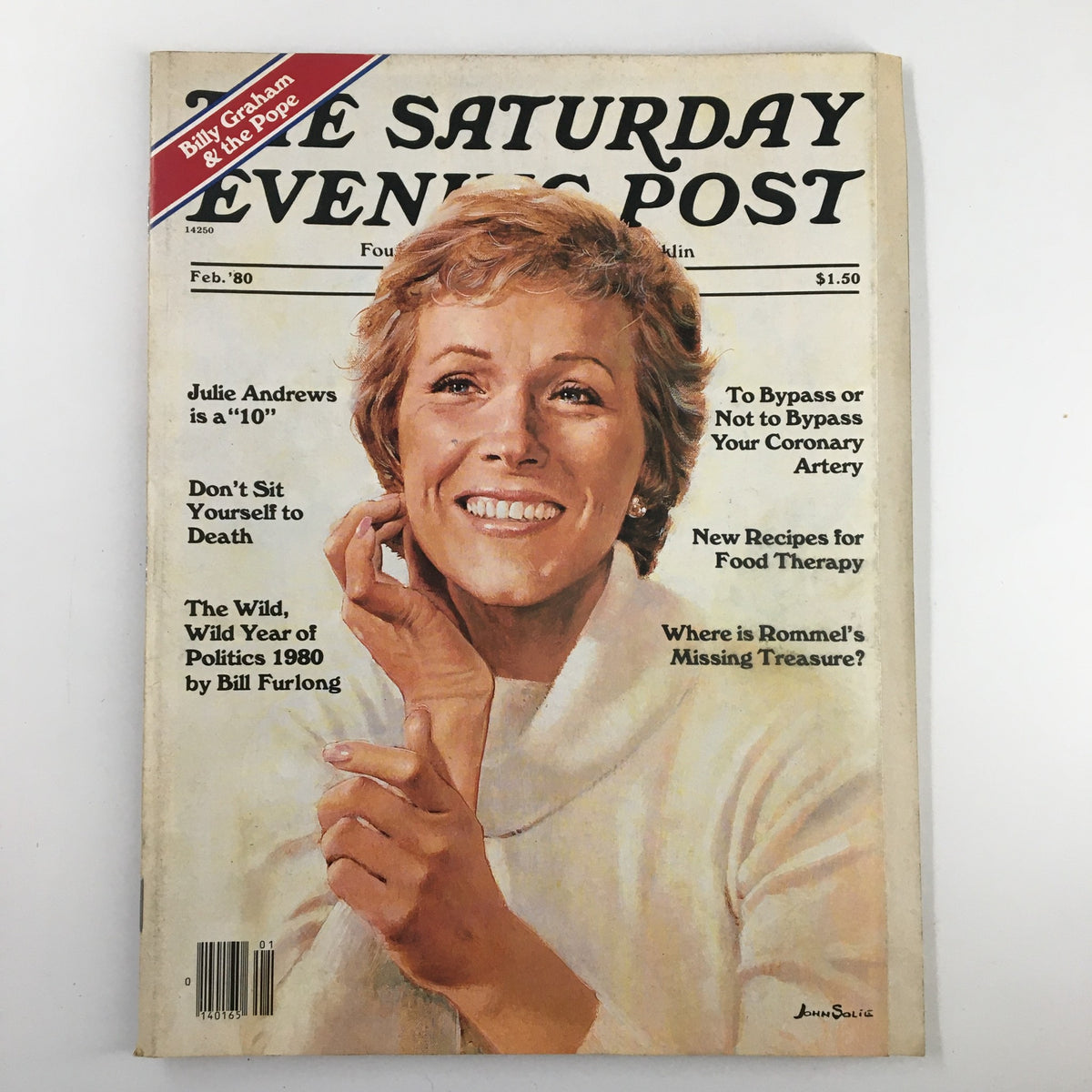 Cover of The Saturday Evening Post from February 1980 featuring Julie Andrews described as a '10', showcasing her iconic smile and classic 1980s fashion, including articles on health and politics.