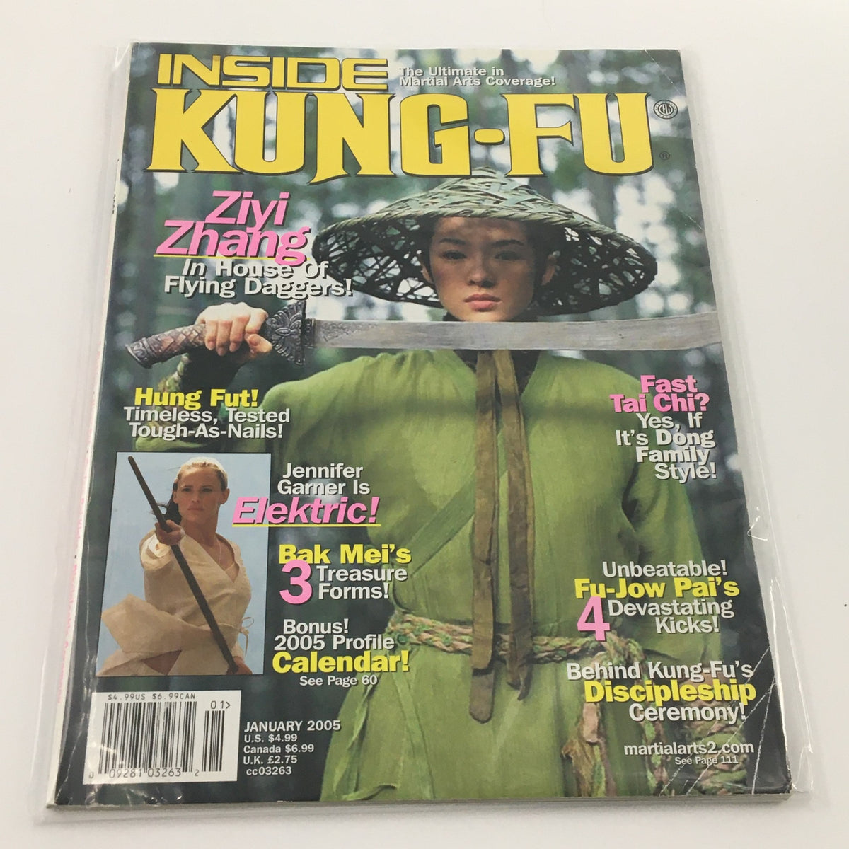 Inside Kung-Fu Magazine January 2005 featuring Ziyi Zhang on the cover, showcasing martial arts themes with headlines about Jennifer Garner and various martial arts techniques.