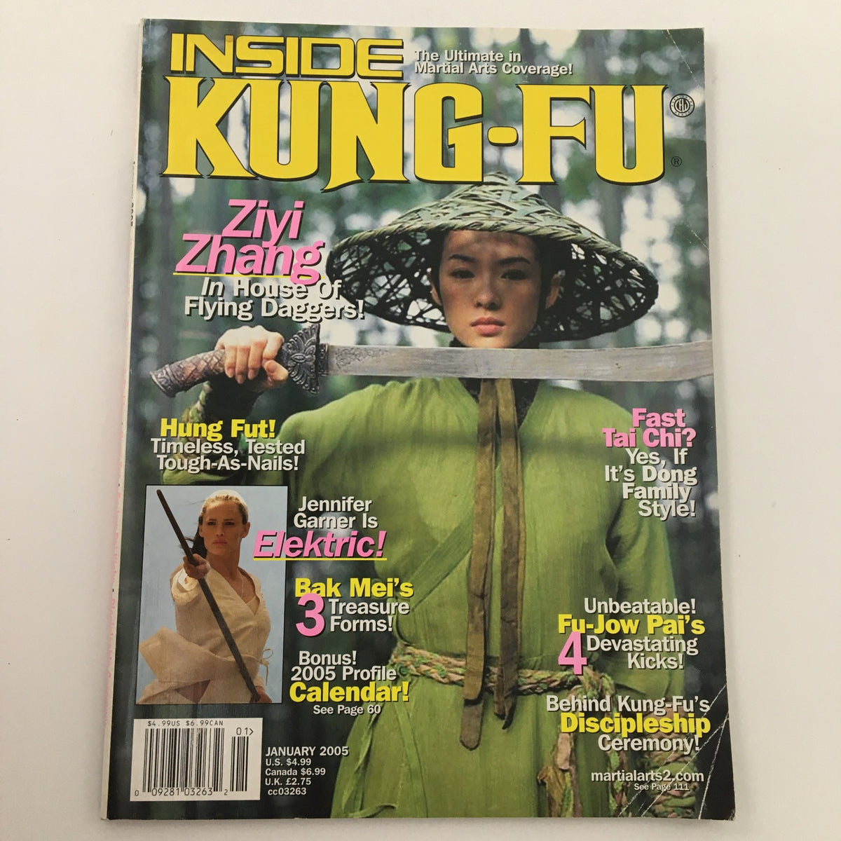 Cover of Inside Kung-Fu Magazine January 2005 displaying Ziyi Zhang in a dramatic pose, with additional features on Jennifer Garner and martial arts tips.