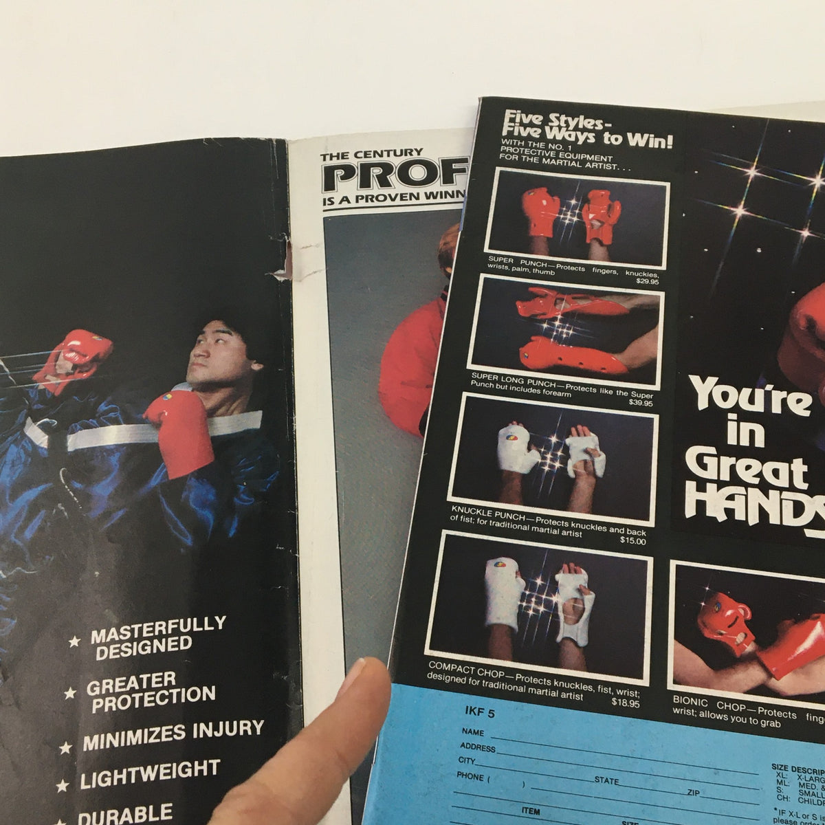 Inside pages of Inside Kung-Fu Magazine May 1983 showing product advertisements for martial arts gear, emphasizing safety and protection features for practitioners.